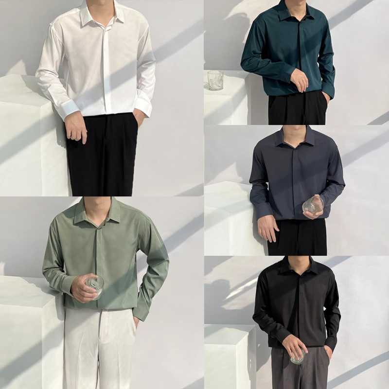 气质轻熟风宽松男士衬衫春秋纯色丝滑免熨烫垂坠高级感休闲抗褶皱