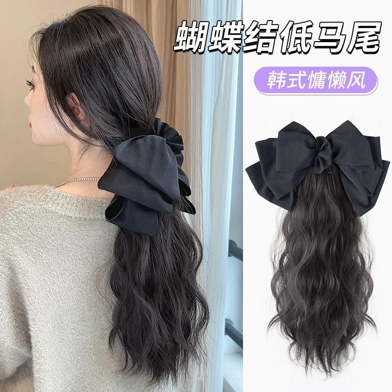蓬松马尾女网红蝴蝶结抓夹水波纹高马尾辫子长卷发自然云朵烫马尾