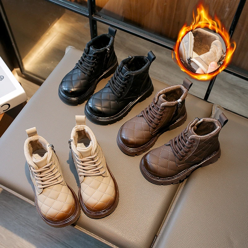 女童靴子2024秋冬季新款男童加绒皮靴儿童短靴马丁靴二棉靴3915