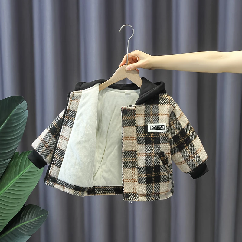 儿童外套冬季时髦格子上衣男童韩版帅气百搭童装宝宝加绒加厚冬装
