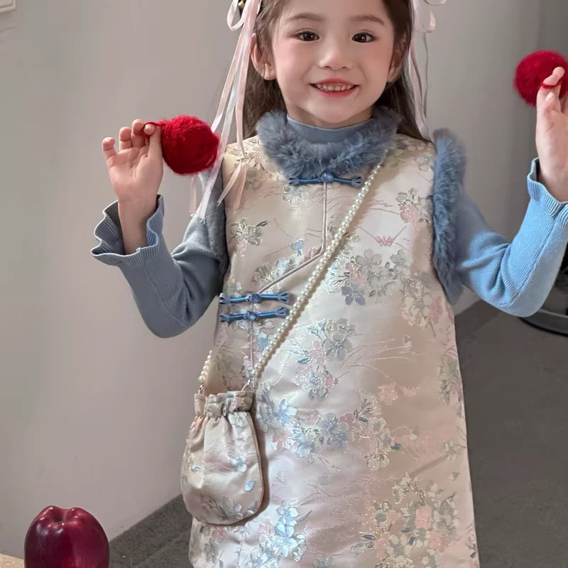 女童连衣裙儿童装宝宝中国风洋气旗袍背心裙女孩冬季加厚裙子套装