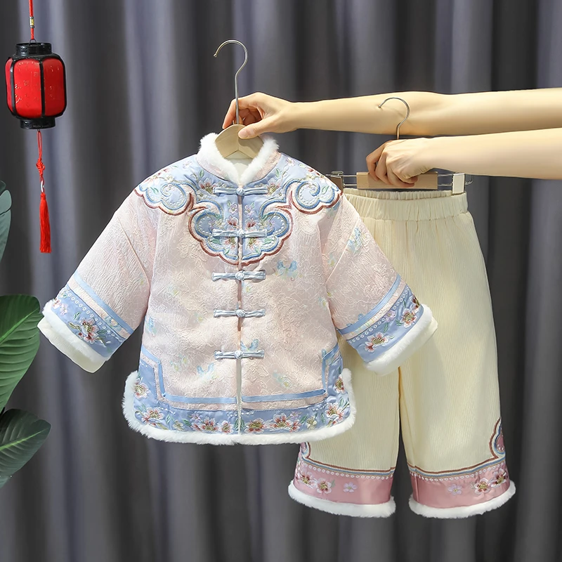 女童汉服拜年服夹棉加厚套装宝宝保暖洋气周岁礼服儿童新中式唐装