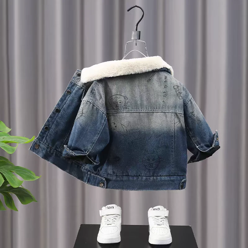 男童加绒外套秋冬款洋气儿童时髦渐变牛仔衣服宝宝冬季加厚上衣潮