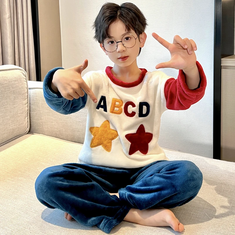 秋冬季儿童法兰绒睡衣男童男孩薄款珊瑚绒套装男宝宝家居服亲子装