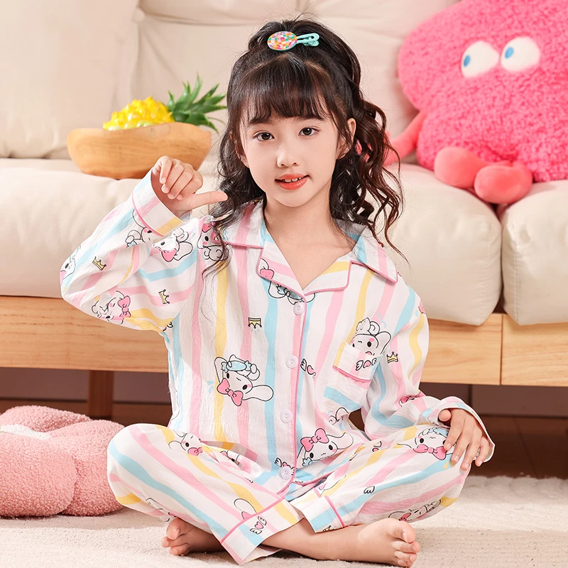 春秋睡衣女童云朵棉长袖薄款大童女孩卡通玉桂狗空调家居服套装