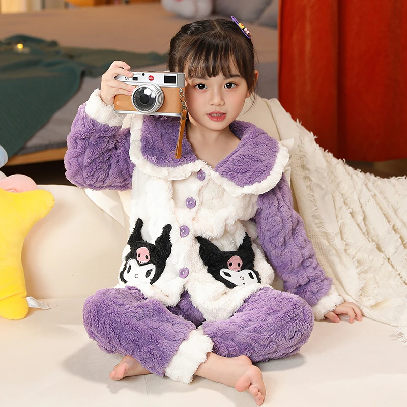 冬季加绒加厚保暖外穿儿童睡衣女孩中大童冬款甜美学生家居服套装