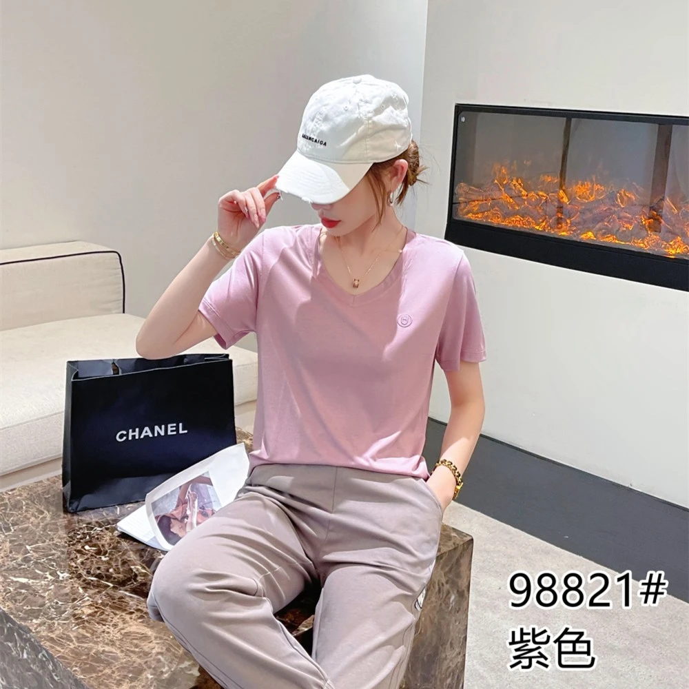 【奇季】v领宽松透气显瘦纯色短袖98821