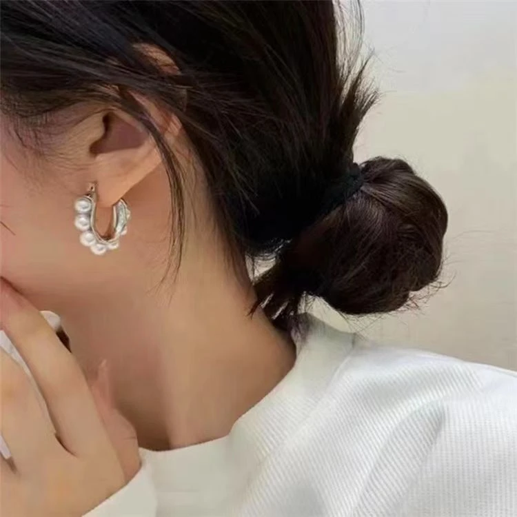 925银仿珍珠耳饰 通体纯银 重工珠珠U型耳扣