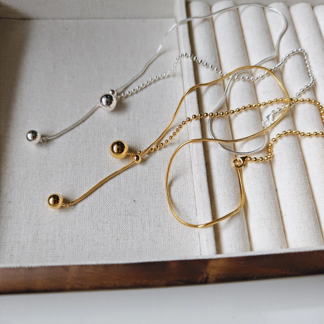 坠链均925银 XA0118通体纯银 AB链抽拉圆球项链 时尚简约韩版个性