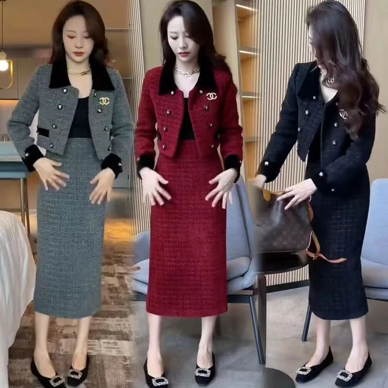 轻奢气质小香风时尚女秋冬款外穿保暖夹棉短外套半身裙显瘦两件套