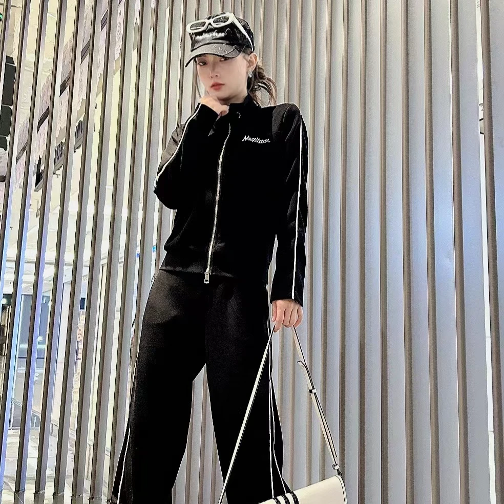 休闲运动小个子女秋季新款立领字母刺绣卫衣外套阔腿裤韩版两件套