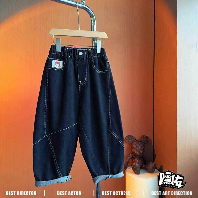 【现货】3Q067童装秋冬男童加绒裤子中大童宽松儿童潮流纯色牛仔裤