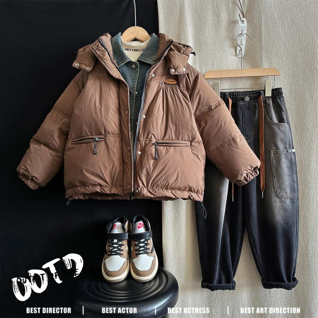 【现货】3Q462冬装中大童儿童连帽外套男童90白鸭绒假两件羽绒服