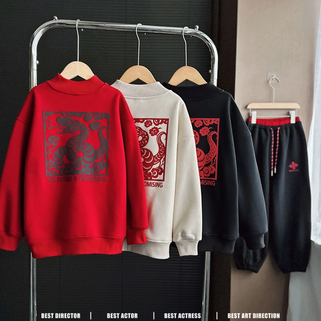 现货】4Q408秋冬宽松中大童长袖时尚儿童上衣加绒加厚男童圆领卫衣