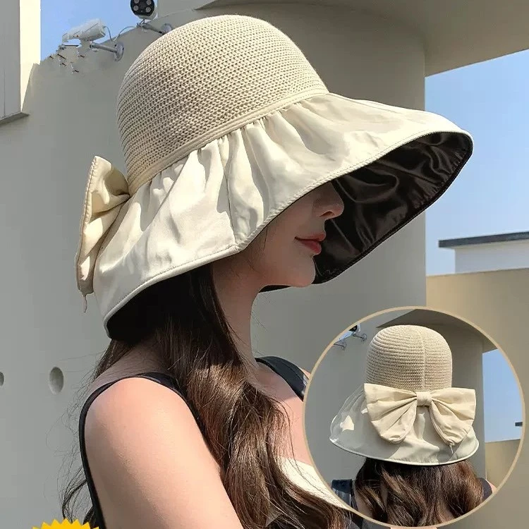 夏季黑胶防晒遮阳帽女镂空透气蝴蝶结出游遮脸防紫外线渔夫帽百搭