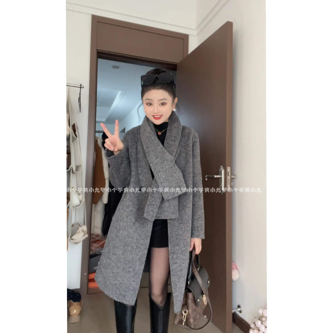 【黄小九定制】88516-秋冬气质百搭显瘦季氛围感围巾款双面羊毛大衣