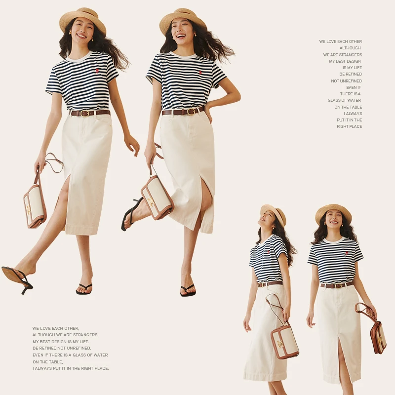 白金博主段位简约时尚法式百搭米白色开叉直筒牛仔修身气质半身裙