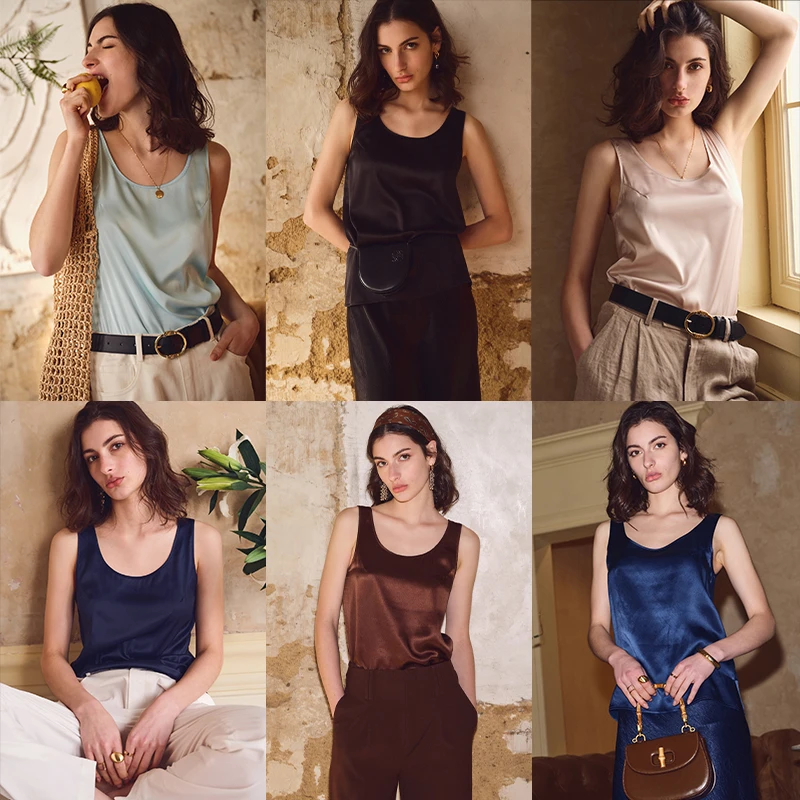 简练气质法式U领16姆米缎面时尚百搭性感女背心打底吊带背心上衣