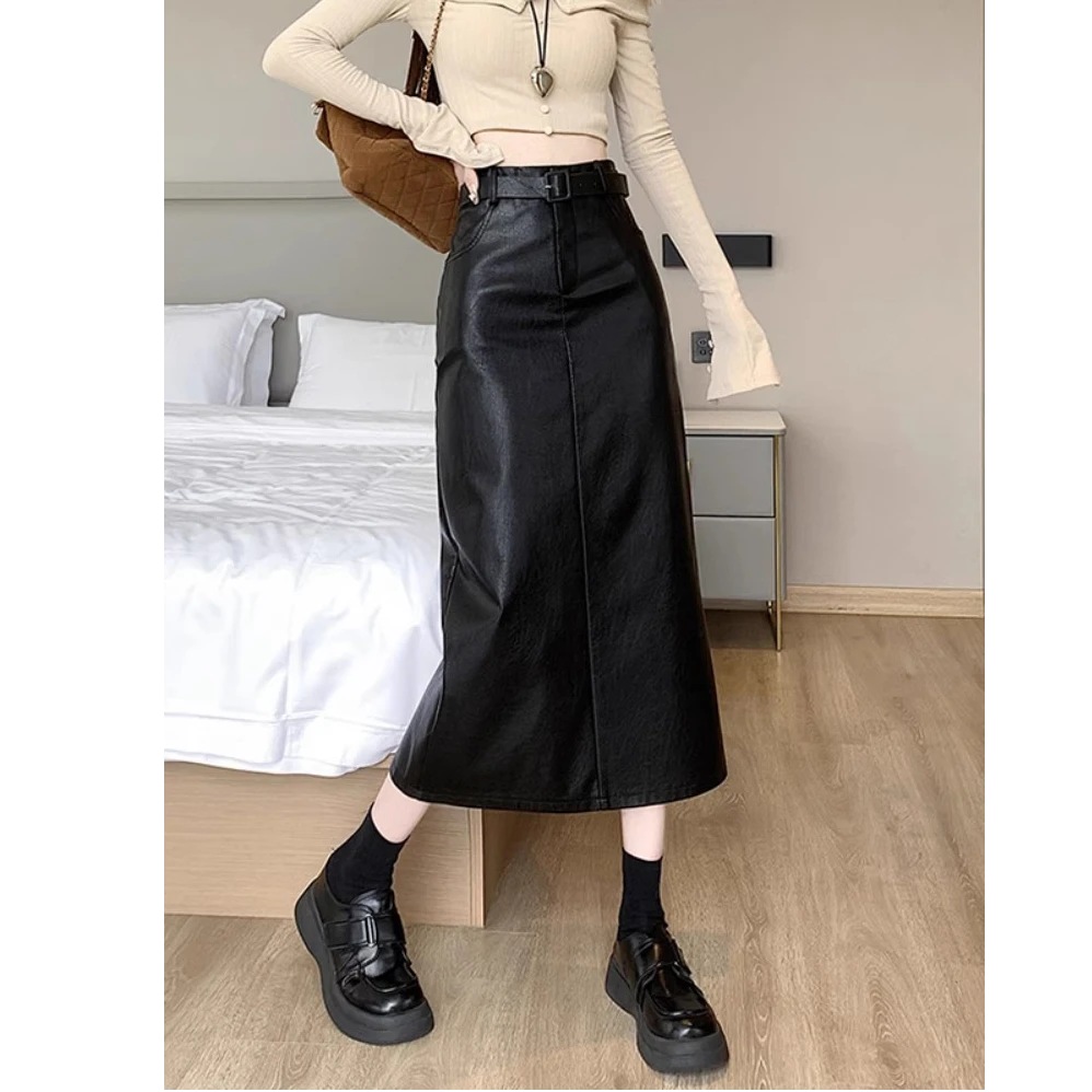 大码女孩黑色长皮裙女新款中长款半身裙a字包臀黑裙子开叉a字长裙