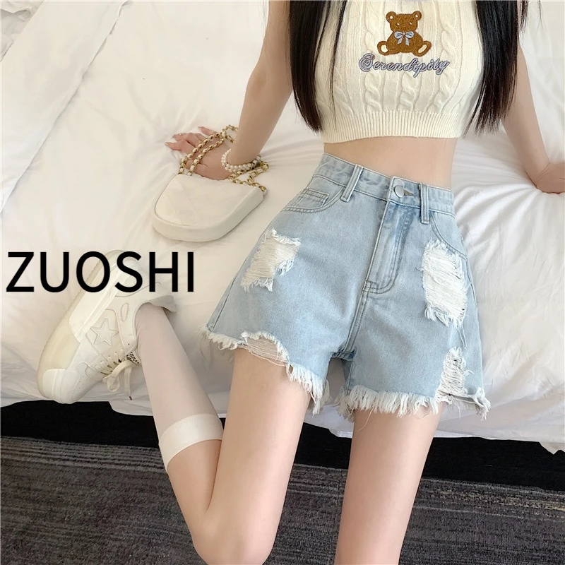 2025高腰牛仔短裤女夏季新款宽松破洞外穿大码胖MM阔腿a字热裤子