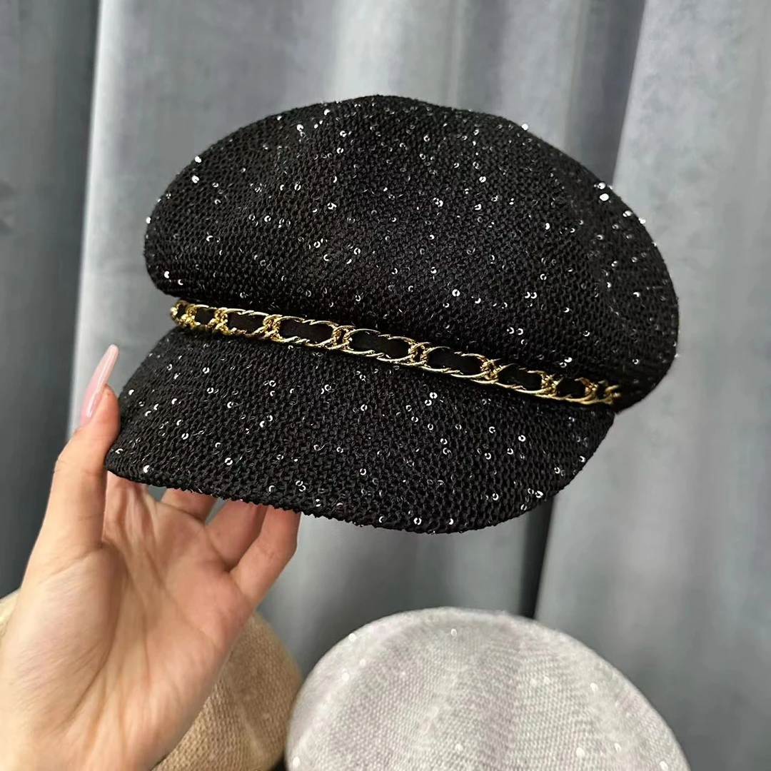 小香风气质亮片鸭舌帽女百搭时尚小众透气夏季防晒遮阳八角帽