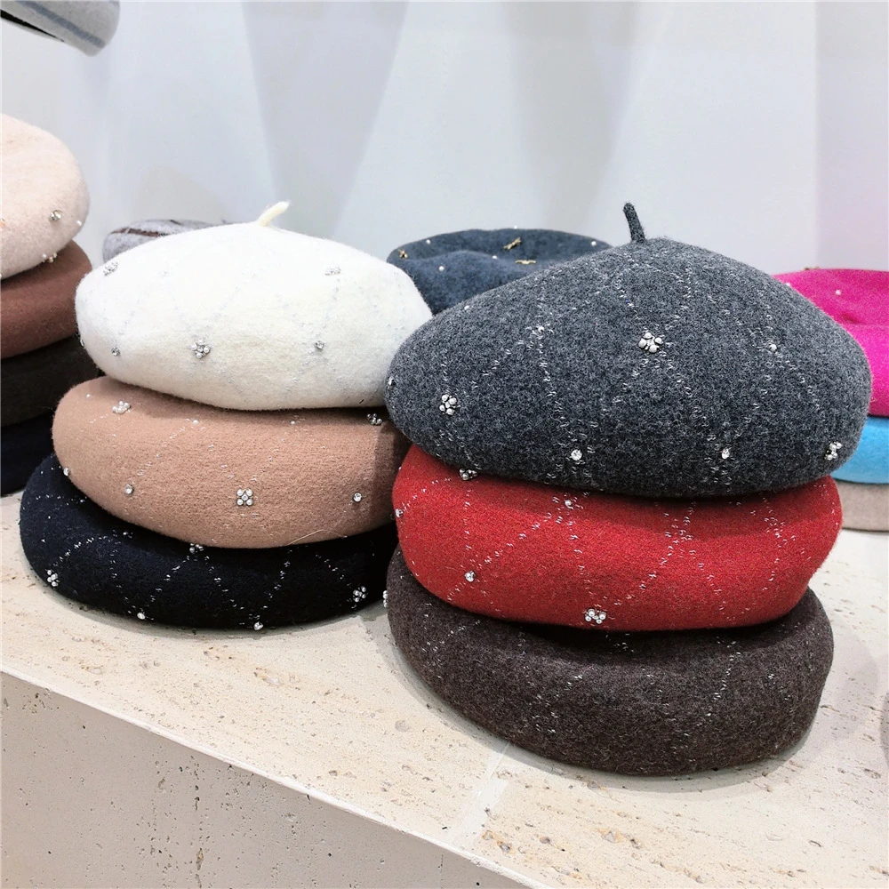 日系银丝水钻珠花贝雷帽子女秋冬保暖澳洲羊毛画家帽优雅针织帽潮