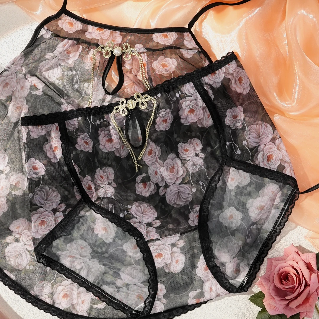 璀璨【90-200斤】大码优雅镂空性感吊带新款女士睡裙+内裤套装 8004