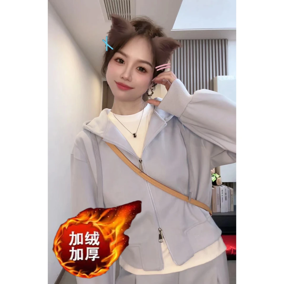 加绒加厚一件过冬2024冬季高级时尚百搭休闲卫衣套装两件套-H008