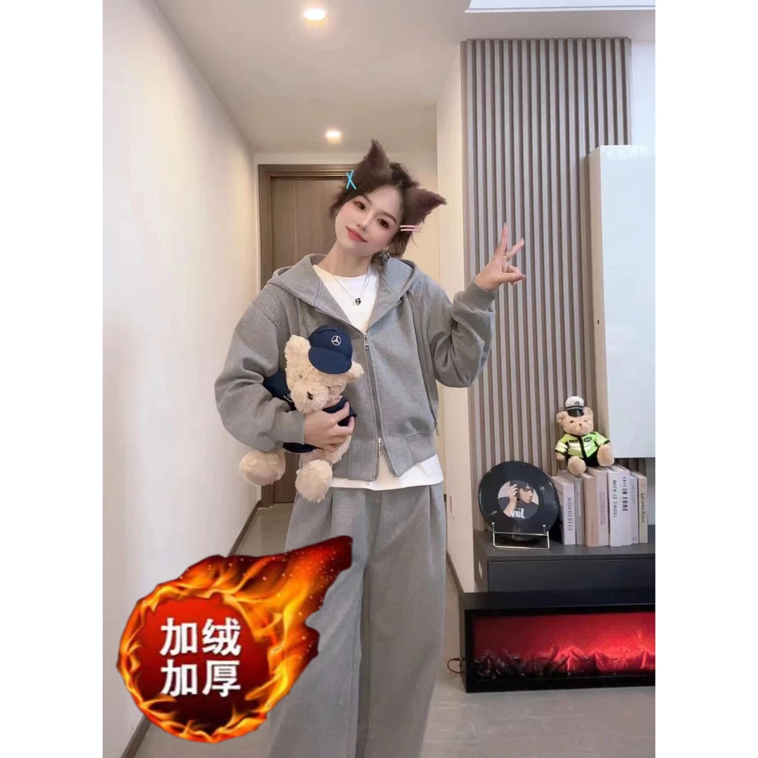 加绒加厚一件过冬2024冬季高级时尚百搭休闲卫衣套装两件套-H008