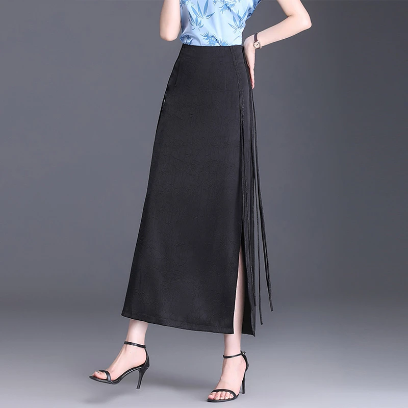 醋酸缎面半身裙高端设计款显瘦高腰开叉国风半身裙长裙a字包臀裙