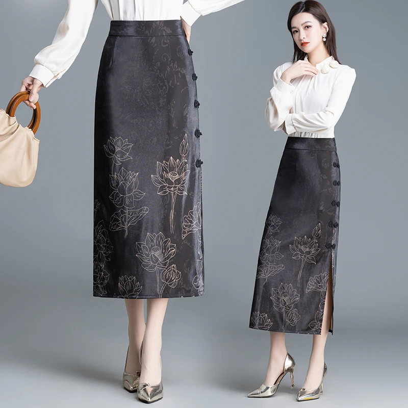 新中式一步裙缎面半身裙夏季新款复古气质印花高腰开叉国风包臀裙