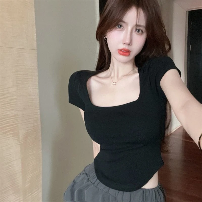 方领短袖T恤女夏季新款正肩短款弧形下摆半袖上衣显瘦气质辣妹装