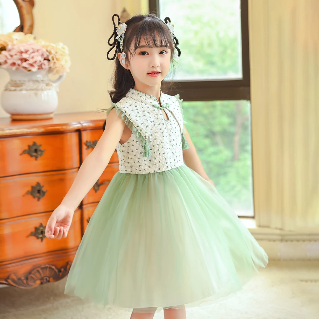 tolokimi女童裙子2024夏新款中大儿童立领小飞袖连衣裙