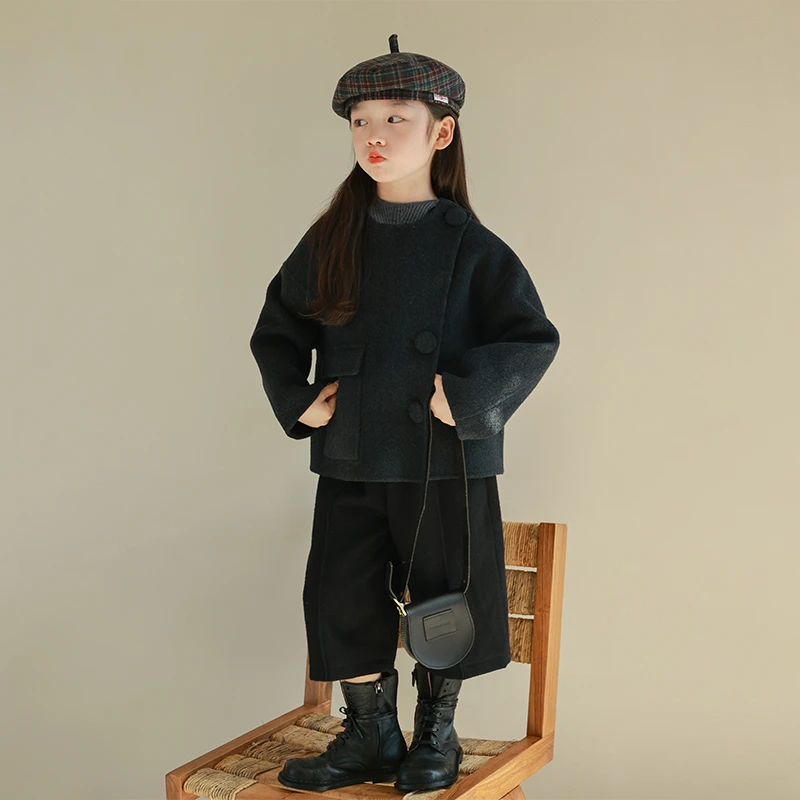 utouto大耳象女童斜门襟口袋呢大衣2024冬季新款时髦外套2408136