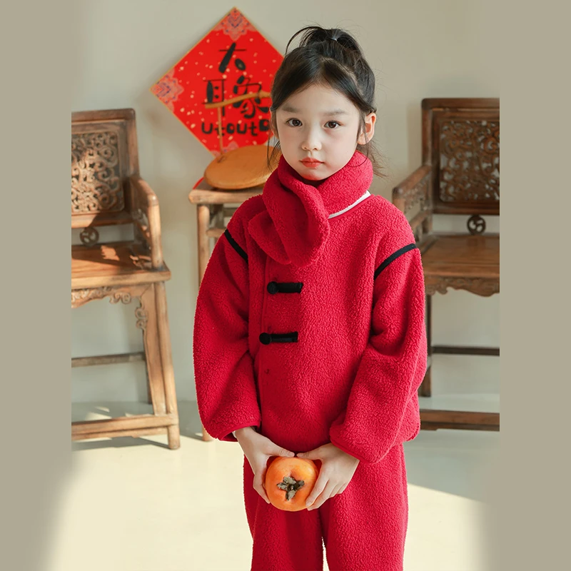 utouto大耳象女童斜门襟毛绒外套收口裤毛绒围巾2024冬季2408238