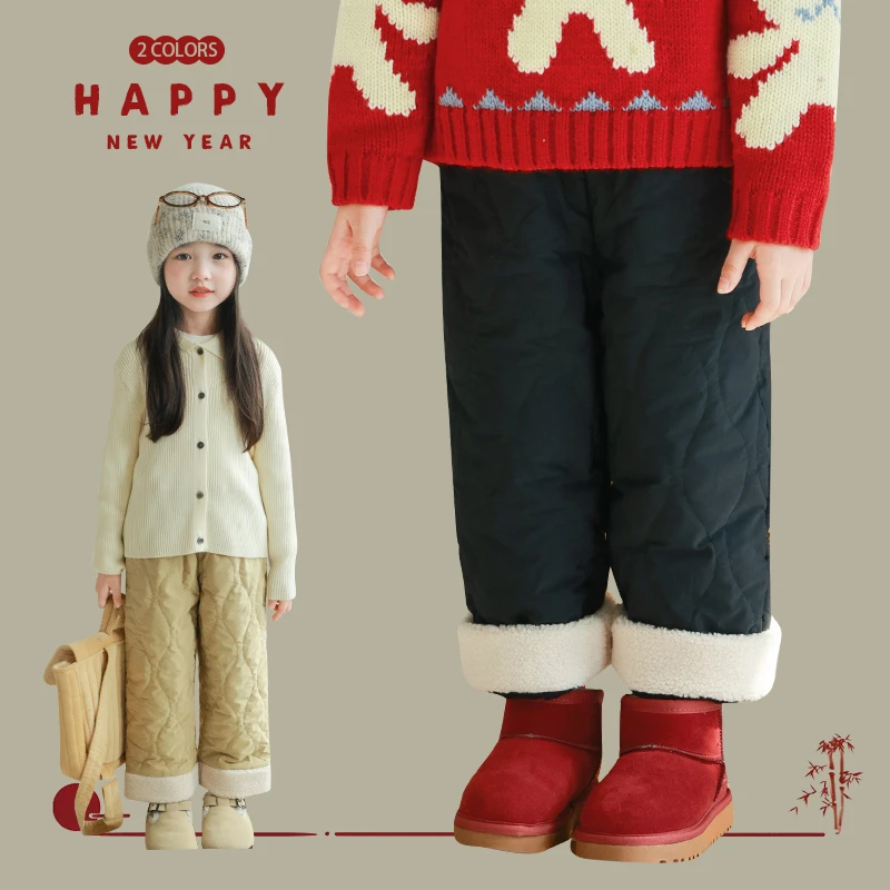 utouto大耳象女童毛绒翻边棉裤2024冬季新款直筒洋气裤子2410446