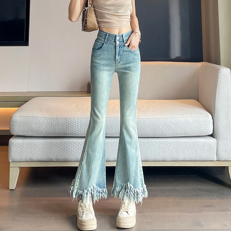 复古流苏微喇牛仔裤女夏季薄款2024年高腰显瘦小个子马蹄喇叭裤子
