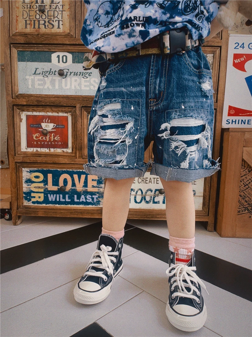 【旺崽童装】2024新款夏季DD宽松复古破洞烂裤儿童日系五分裤