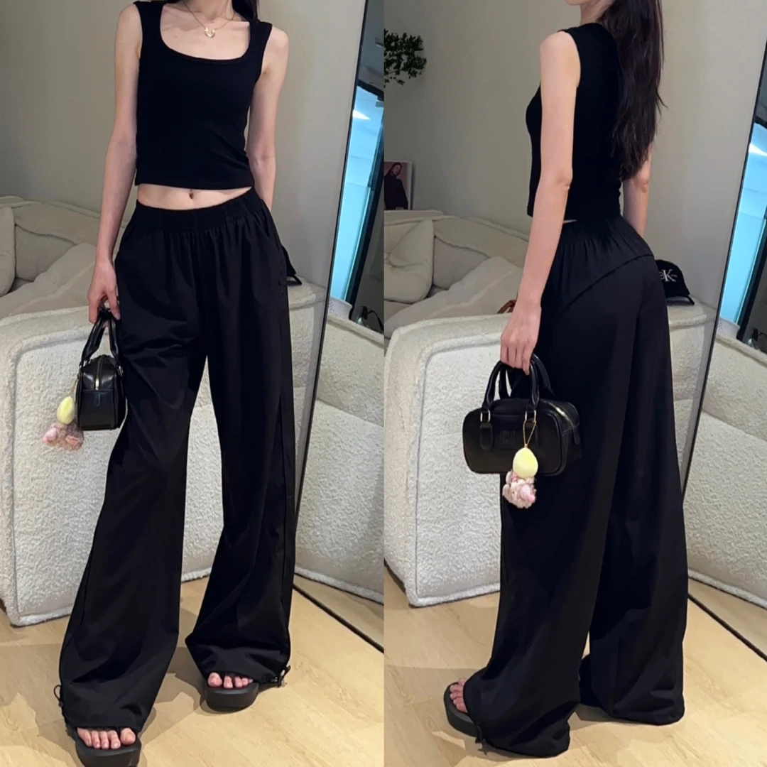 黑色速干百搭休闲运动裤女夏季高腰显瘦垂感薄料直筒阔腿工装长裤