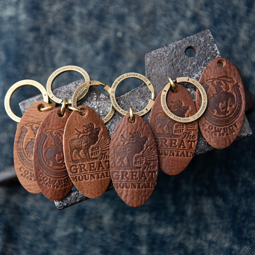 山岩 西部主题 头层牛皮 复古钥匙扣挂件 单层厚实 全黄铜钥匙圈