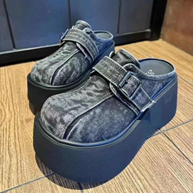 厚底增高包头半拖鞋女春夏季新款外穿牛仔布懒人一脚蹬松糕穆勒鞋