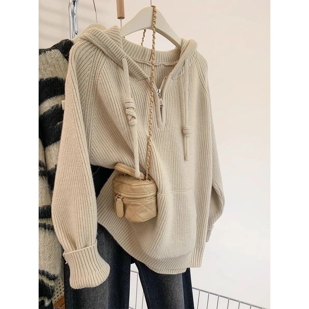 浣熊绒半拉链连帽毛衣女秋冬冬季加厚宽松慵懒风高级感外穿针织衫