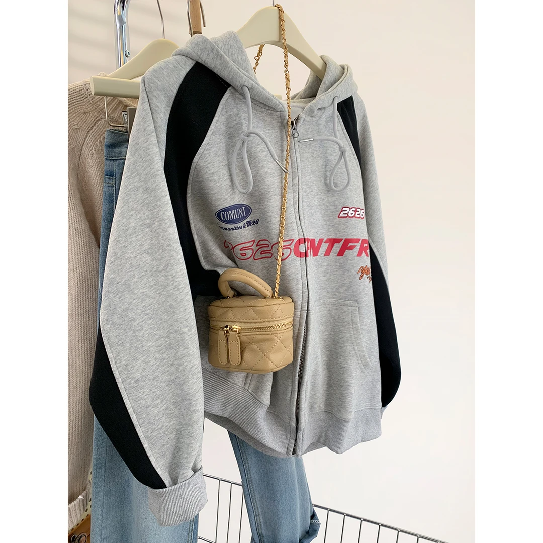 美式复古灰色连帽卫衣外套女秋冬季2024新款宽松加绒加厚上衣春秋