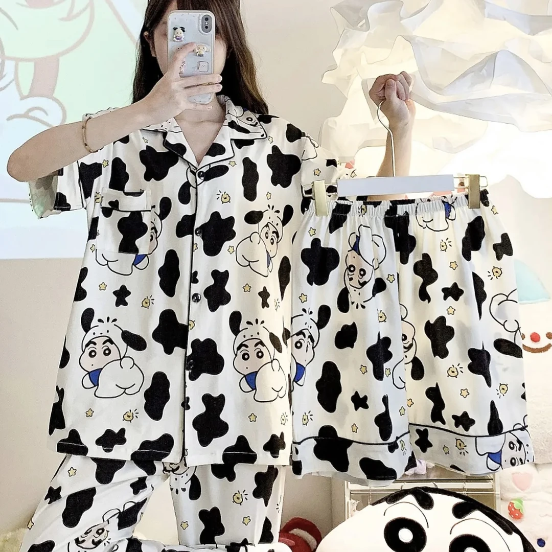 睡衣女蜡笔小新2025年新款短袖长裤三件套薄款可外穿家居服套装