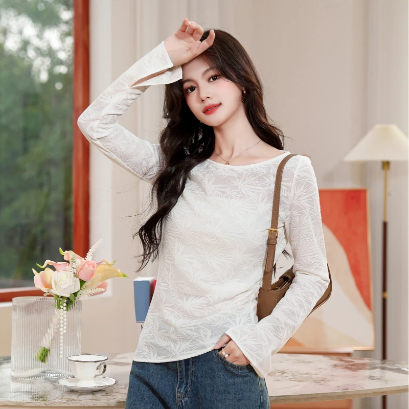 圆领刺绣正肩t恤女打底衫女款爆款2024新款早秋薄款上衣修身百搭
