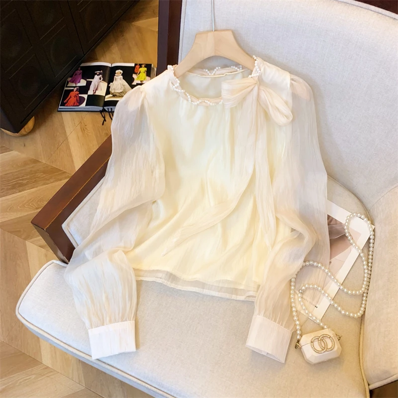 法式钉珠圆领长袖雪纺衬衫早秋薄款上衣设计感蝴蝶结绑带遮肚子
