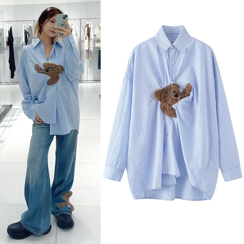 【天真熊】秋季新复古趣味萌宠条纹衬衫