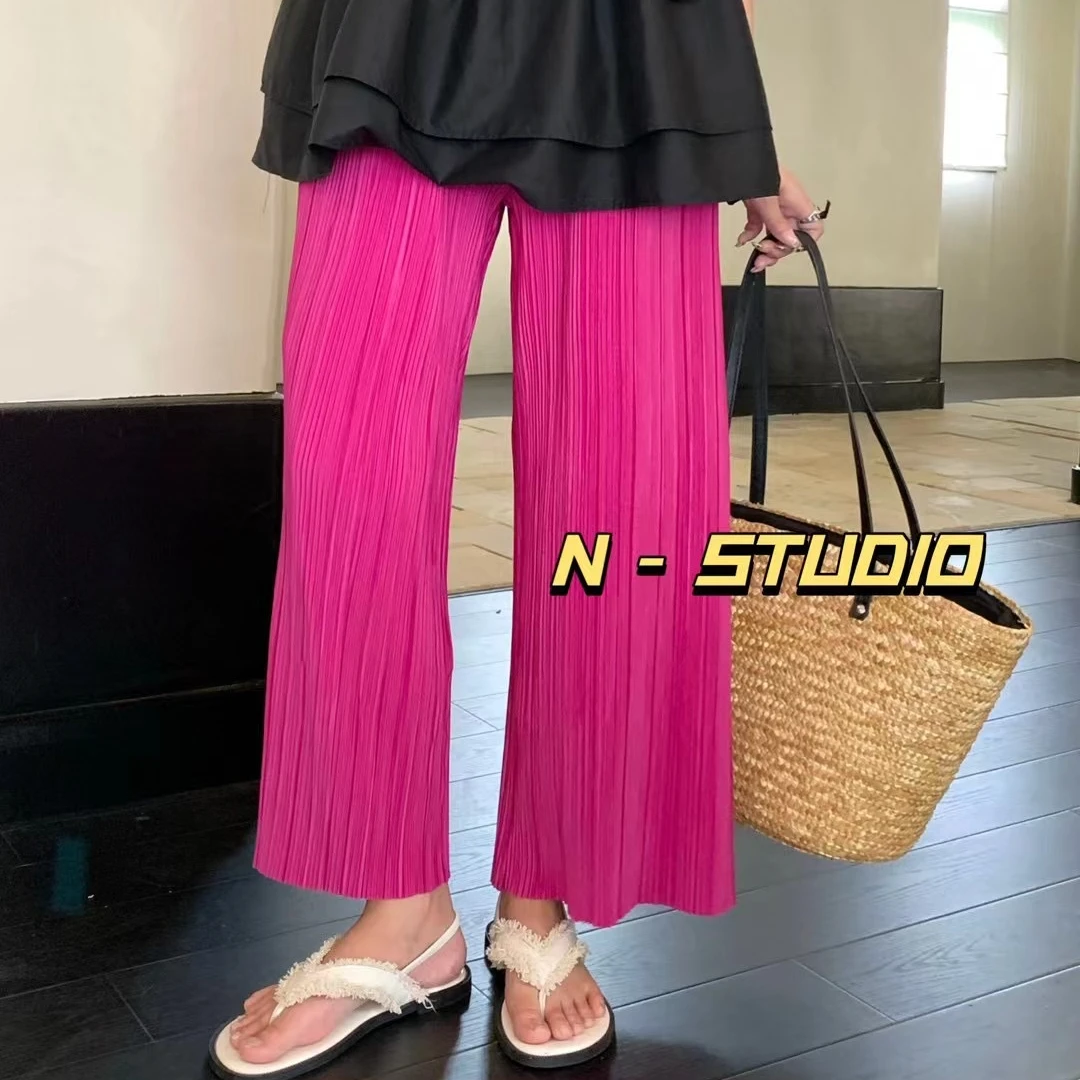 树莓粉压褶冰丝阔腿裤高腰显瘦直筒裤凉凉裤