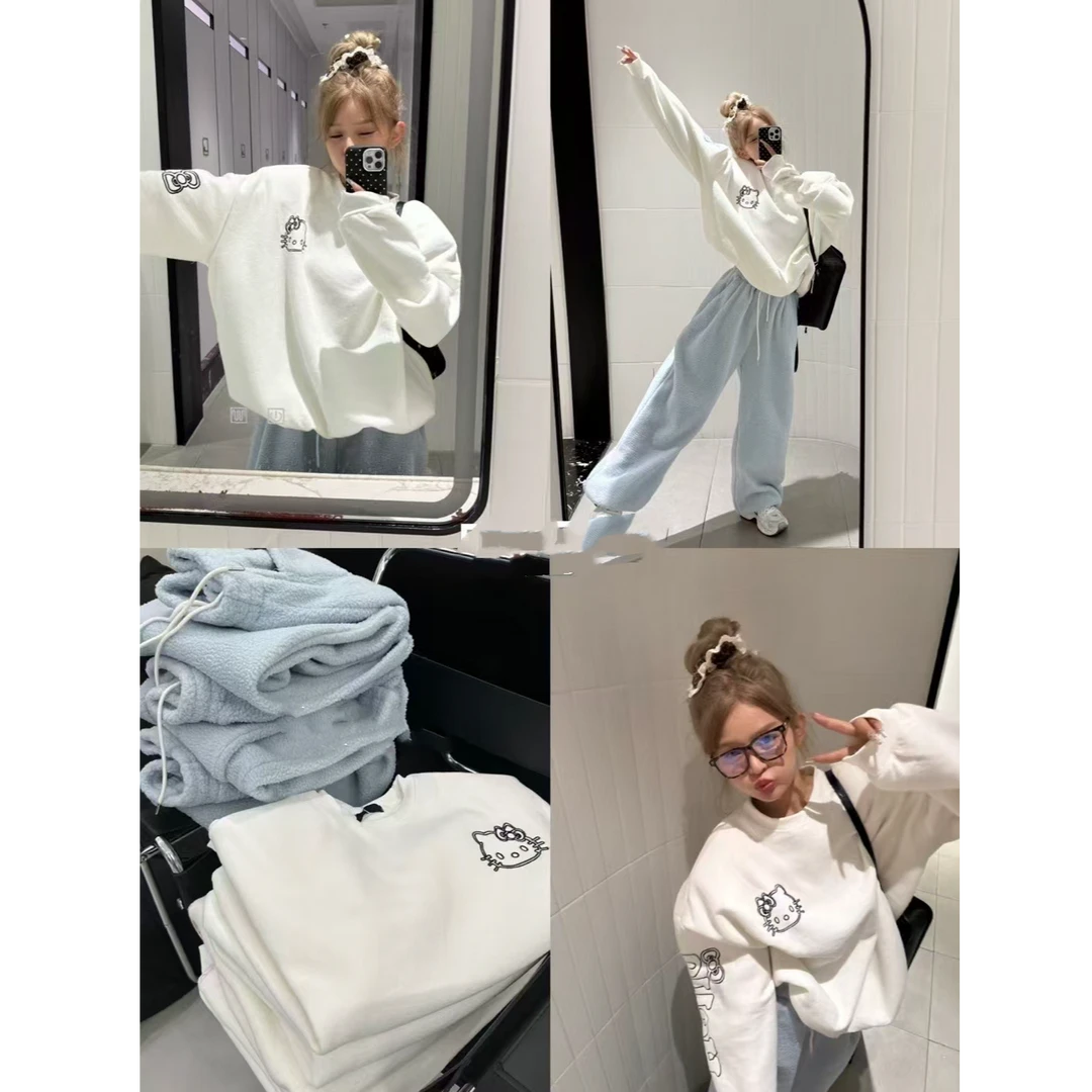 慵懒休闲加绒卫衣女2024冬季爆款学院圆领卡通凯蒂猫宽松加厚上衣