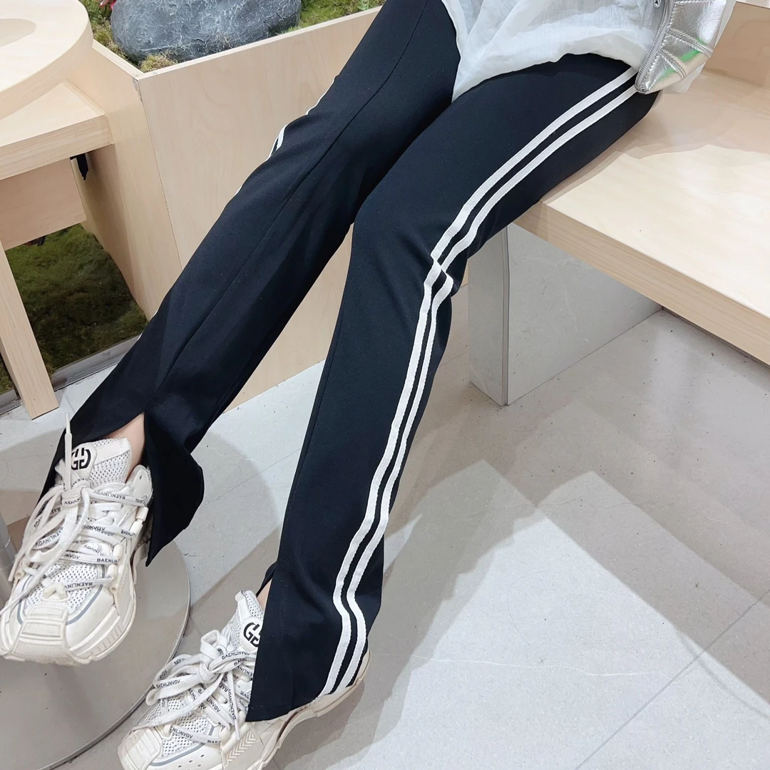 【条纹烟管裤】早秋开叉长裤黑色修身松紧腰显瘦百搭裤子